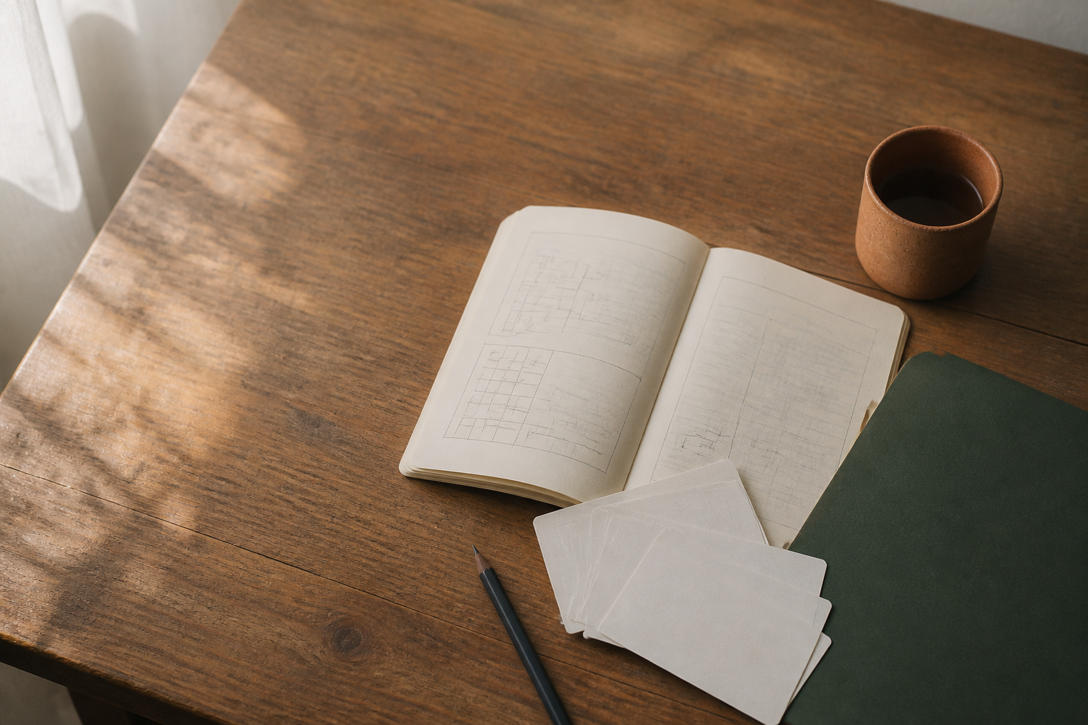 仕事の流れを書き出したノートと机の上の道具